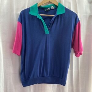 Vintage Gold Spirit Color Block Polo Shirt Retro 80s 90s Casual Top‎